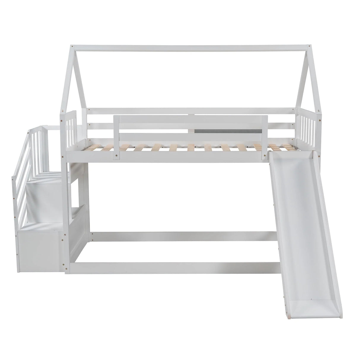 Low Bunk Bed with Slide and Stairs, Wood Twin Over Twin House Bunk Beds for Kids, Floor Bunk Bed with Stairway Easy Assembly (White)
