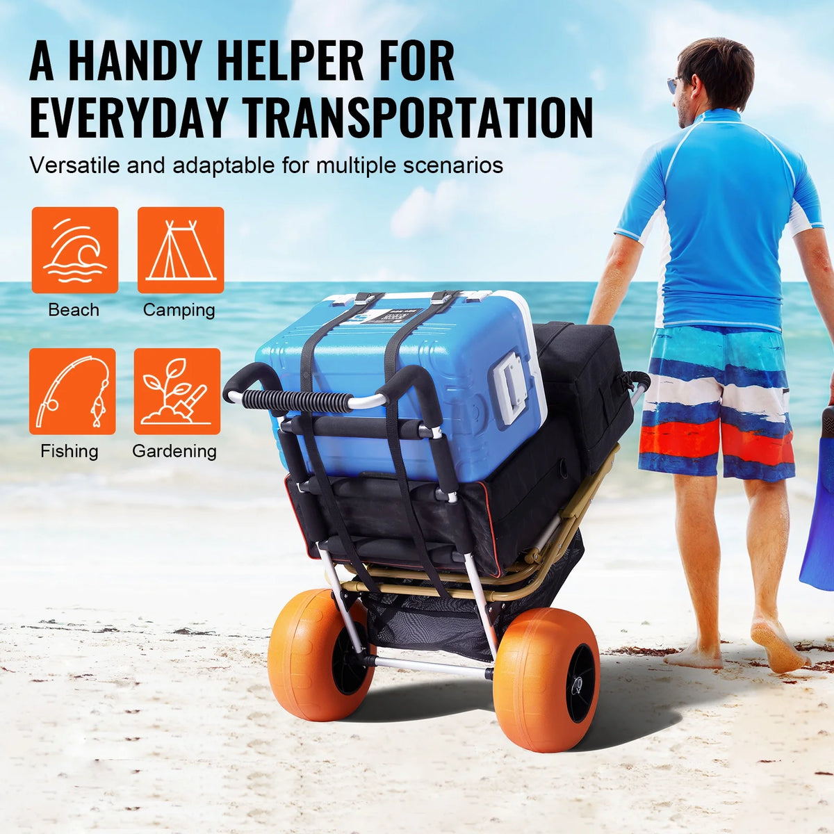 VEVOR Beach Dolly with Big Wheels for Sand, 29.9" x 15.4" Cargo Deck, w/ 12" Solid Wheels, 165LBS Loading Capacity Folding Sand Cart & 27" to 44.7" Adjustable Height, Heavy Duty Cart for Beach