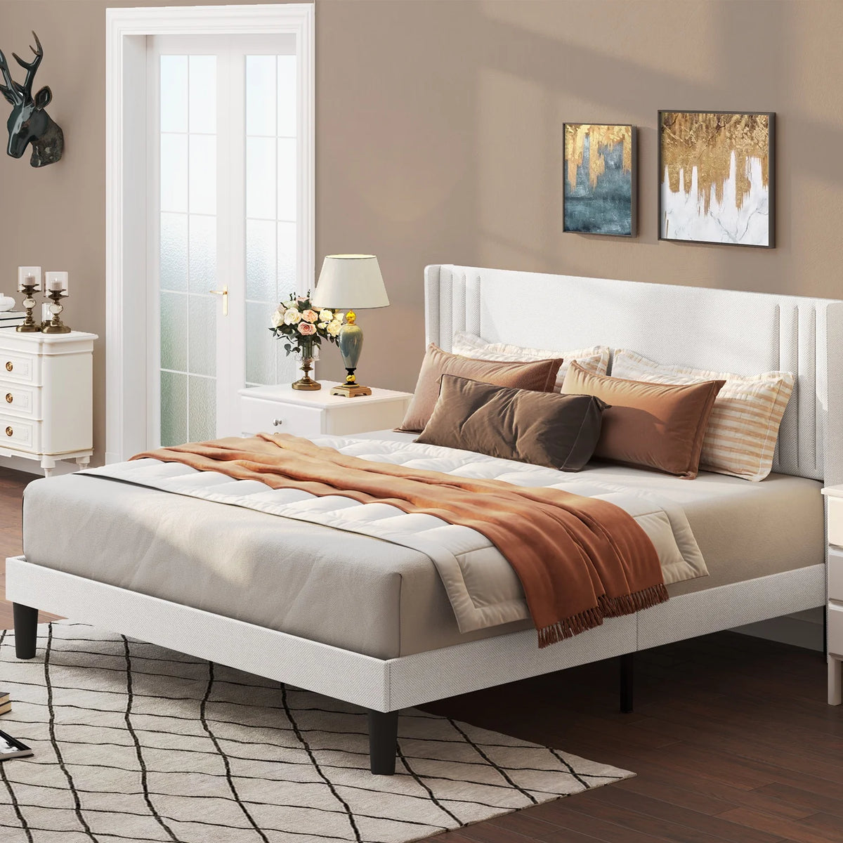 Full Size Bed Frame, Bed Frame with Wingback Headboard Hold 850 lbs, Dark Gray