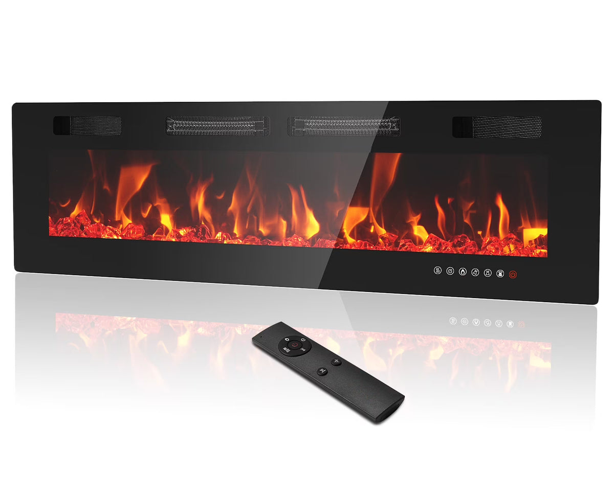 Dovov 50" Wall Mounted Electric Fireplace, Recessed Mirrored Fireplace Heater 750/1500W Ultra Thin Linear Fireplace with Remote Control, Touch Screen, Timer, 2 Heat Fans, Multicolor Flame