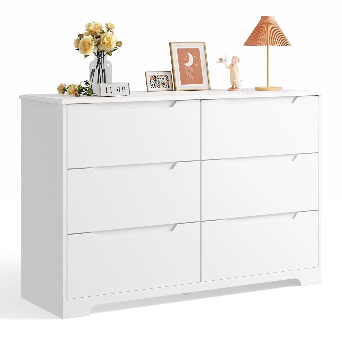 Dresser for Bedroom, Lofka 6 Drawer Double Dresser with Cutout Handles, Large Storage Capacity, Anti-Tip Safety, Modern Wood Chest of Drawers, Smooth Metal Rail, White