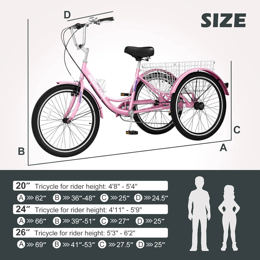FICISOG 7 Speed Adult Tricycle for Women, 20/24/26 Inch Adult Trike with Basket, 3 Wheel Bikes for Adults Seniors, Cruise Trike for Shopping Picnic