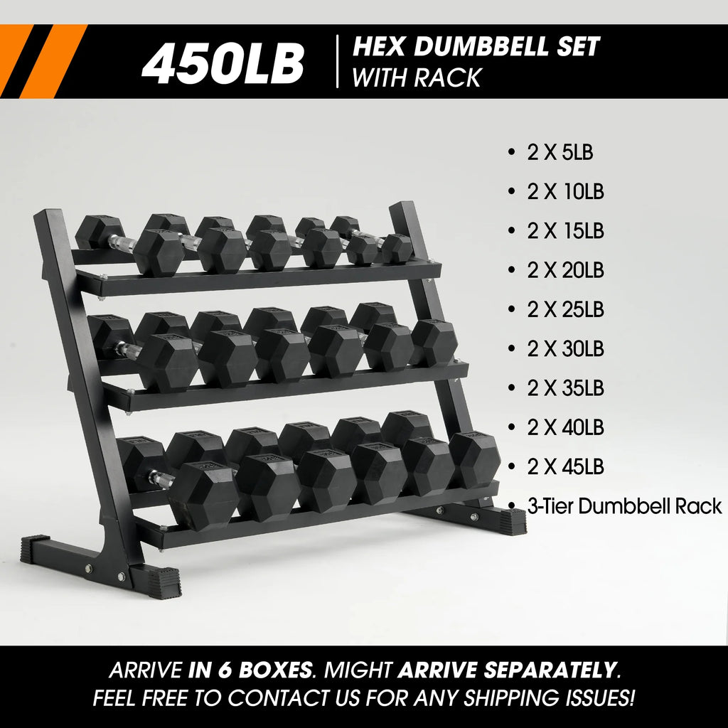 Mikolo Rubber Hex Dumbbell Set with Racks, Option in 450lbs, Strength Training Weight Set Home Gym
