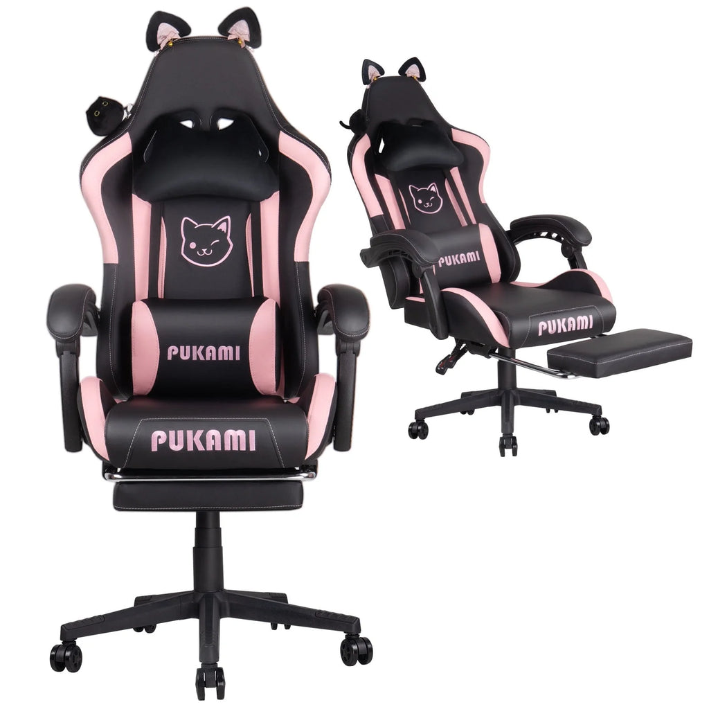 Waleaf Pink Gaming Chair with Cat Paw Lumbar Cushion and Cat Ears for Girls, Reclining Office Computer Chair with Footrest for Adults, Teens