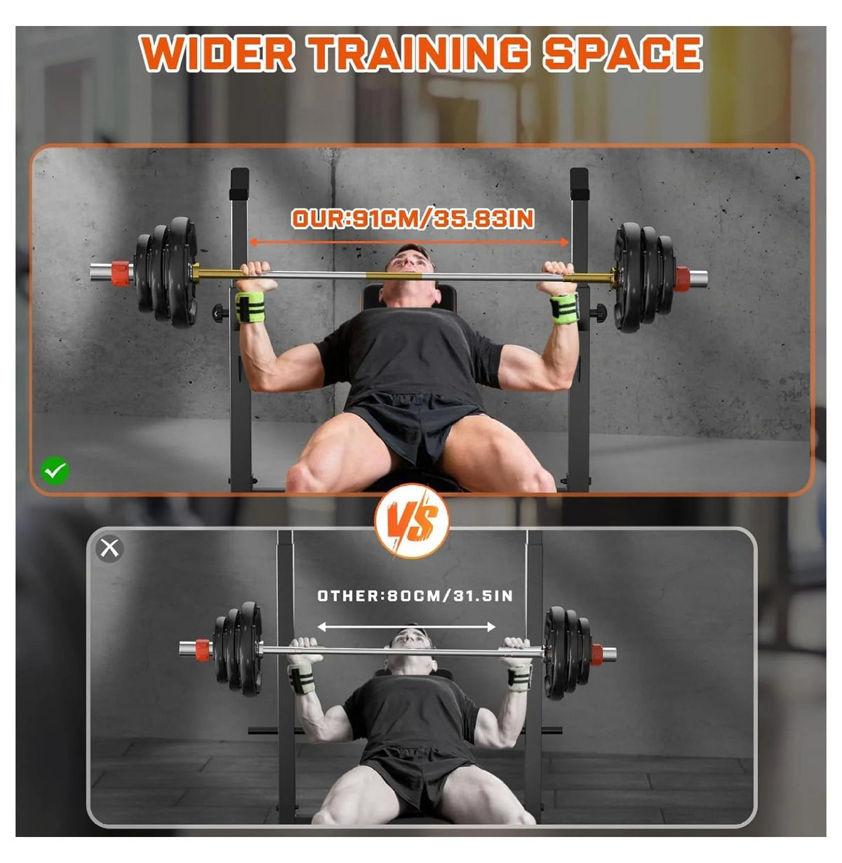 770lbs Weight Set with Squat Rack, 5 in 1 Workout Press With Removable Foot Catch, Adjustable Flat Incline Sit Up for Home Gym Full Body Strength Training orange
