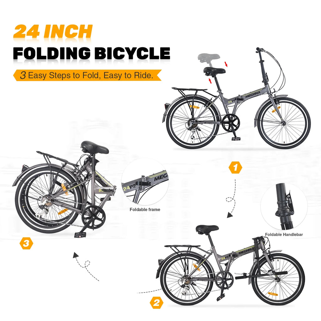 Meghna 24 inch Folding Bike 7 Speed V Brake City Commuter for Men Women Daily Commuting Black