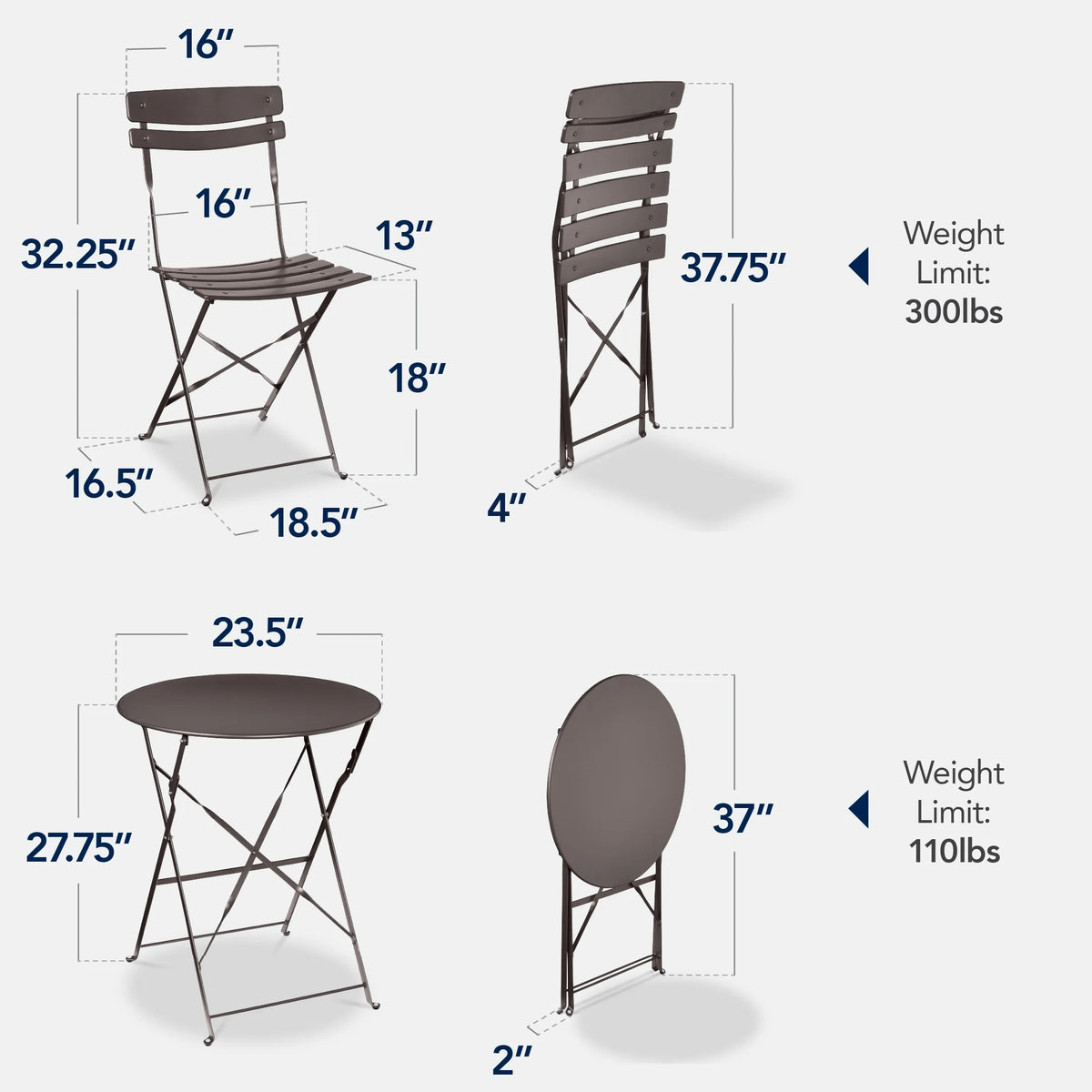 Best Choice Products 3-Piece Small Bistro Set, Folding Patio Furniture Set of 2 Chairs and Table - Black