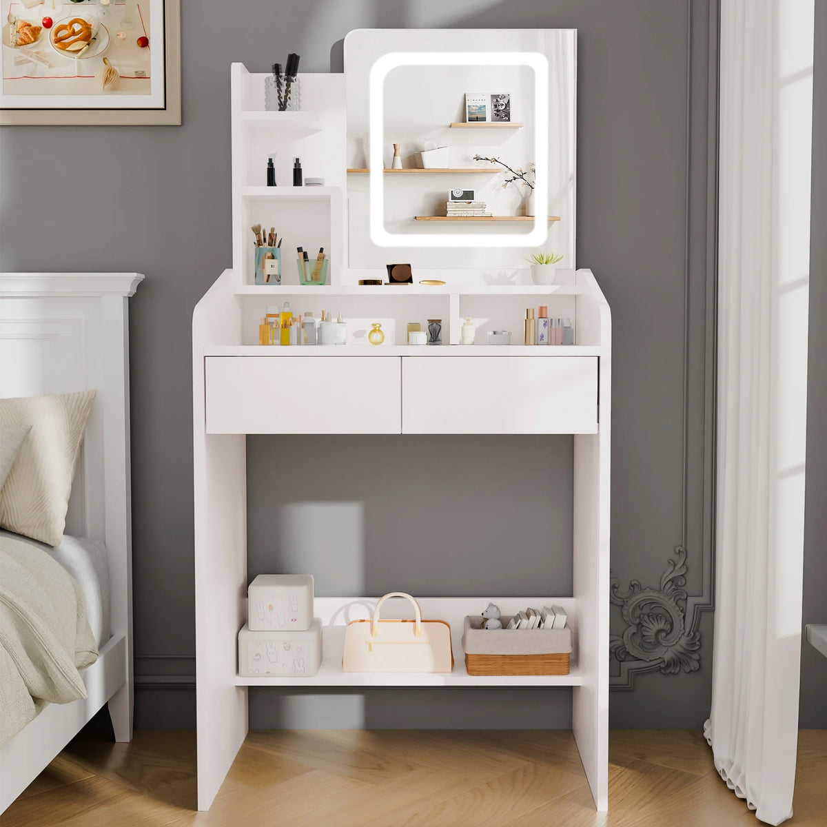 LIVELYGLOW Vanity Desk Set with Square Mirror and Light- Small Vanity Table with Drawers- White