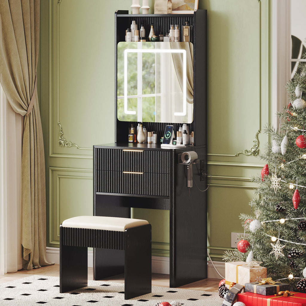 UGTOO 45.2" Modern Vanity Desk with LED Mirror & USB Charging, Wood Makeup Dressing Table with 7 Drawers for Bedroom