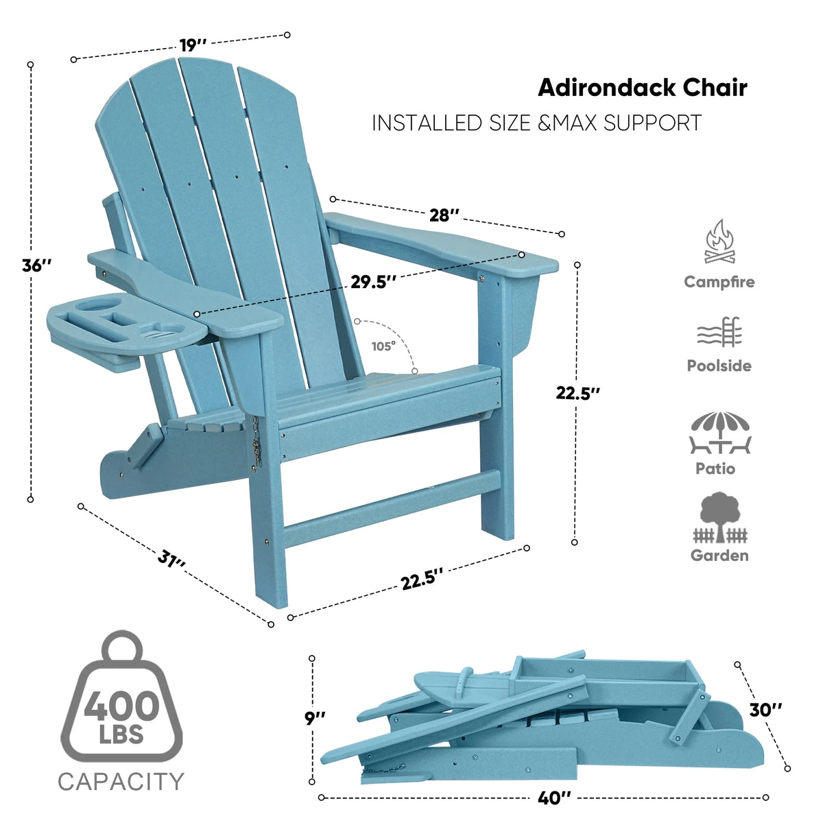 FOOWIN HDPE Plastic Adirondack Chairs Set of 4, Black