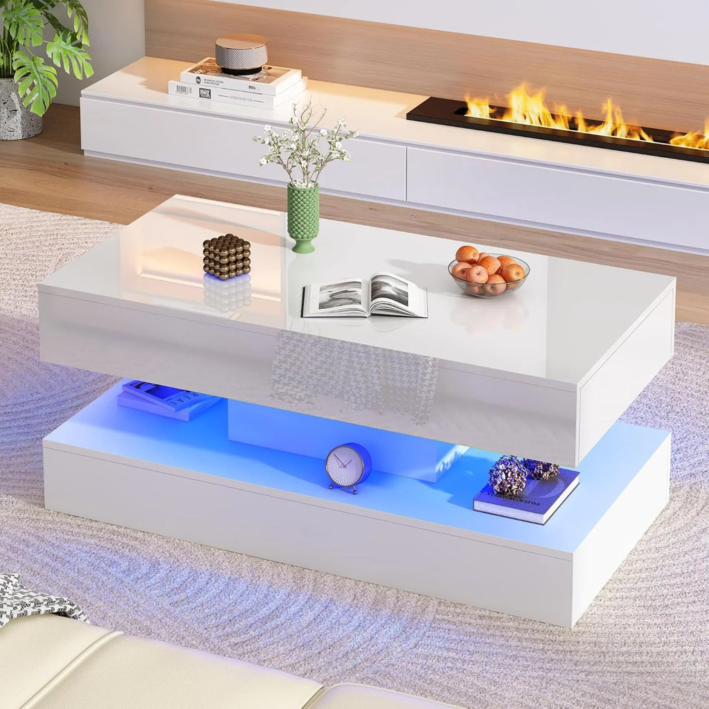 ChVans Large Black LED Coffee Table with 2 Storage Drawers, Modern High Gloss Coffee Table w/20 Colors LED Lights/APP Control, 2 Tiers Rectangle Large Living Room Furniture w/Marbling Print(47.3")
