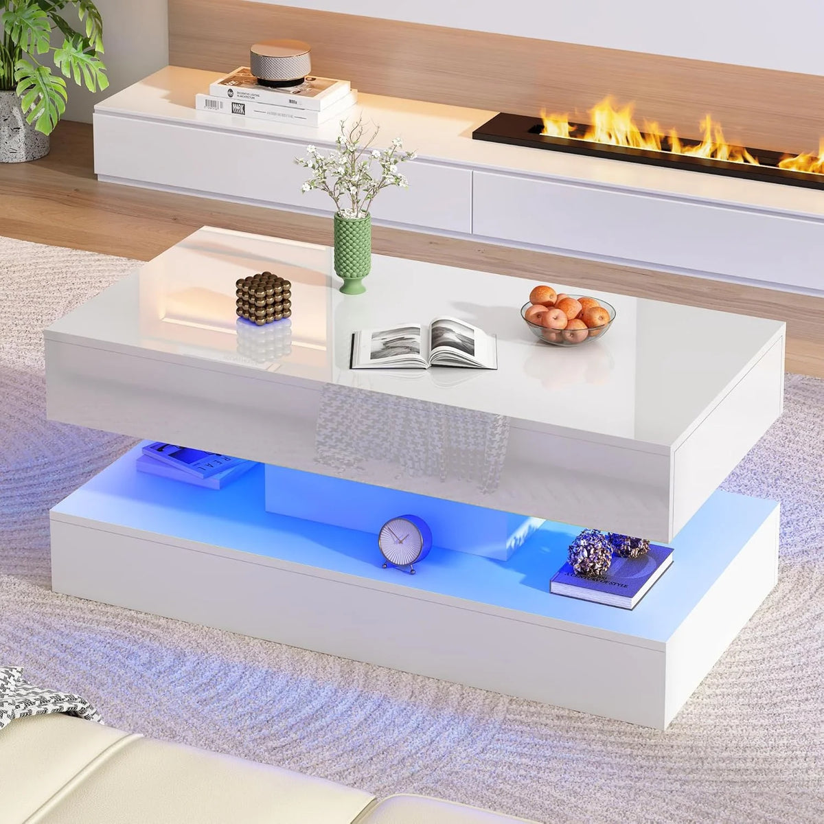ChVans Large Black LED Coffee Table with 2 Storage Drawers, Modern High Gloss Coffee Table w/20 Colors LED Lights/APP Control, 2 Tiers Rectangle Large Living Room Furniture w/Marbling Print(47.3")