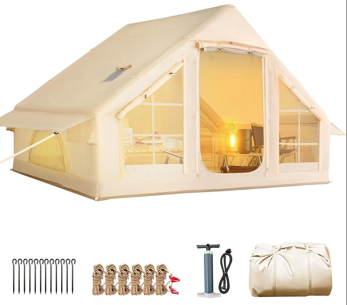 Yoleny 12'x8' Inflatable Tent, 96 SFT Blow Up Tent for Camping, 4 Season Oxford Glamping Tents with Clear Skylight, Pump & Stove Jack