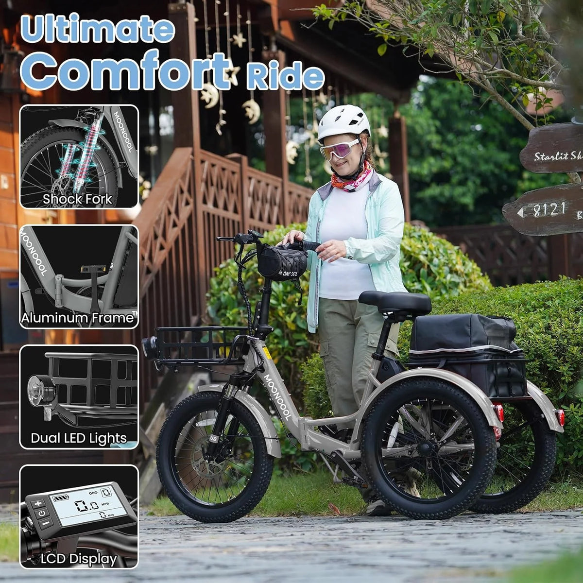 MOONCOOL TK1 Folding Electric Tricycle for Adults,48V 14.5Ah Removable battery, 500W Peak 1000w Motor, 20" Fat Tire Step-Thru 3Wheel Electric Bicycle w/Front&Rear Baskets, Certified to UL 2849 by SGS