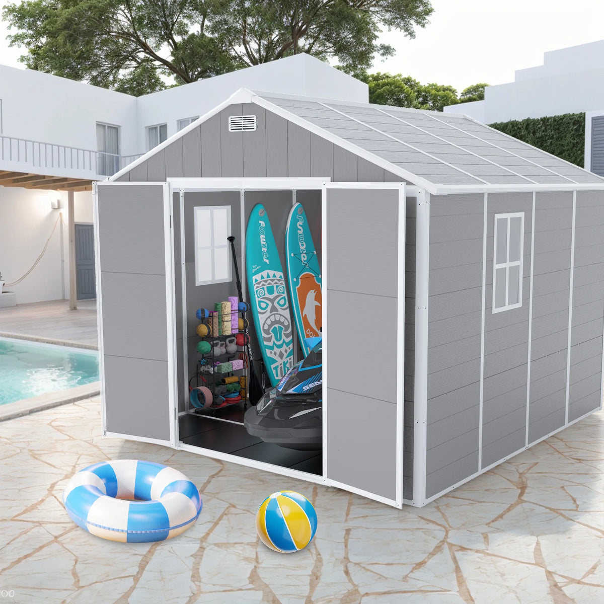 Outdoor Shed & Storage, Seizeen All-Weather Plastic Sheds 82'' H, Sloped Top Garden Shed with Window, Heavy-Duty Resin Outdoor Storage W/Floor, Gray