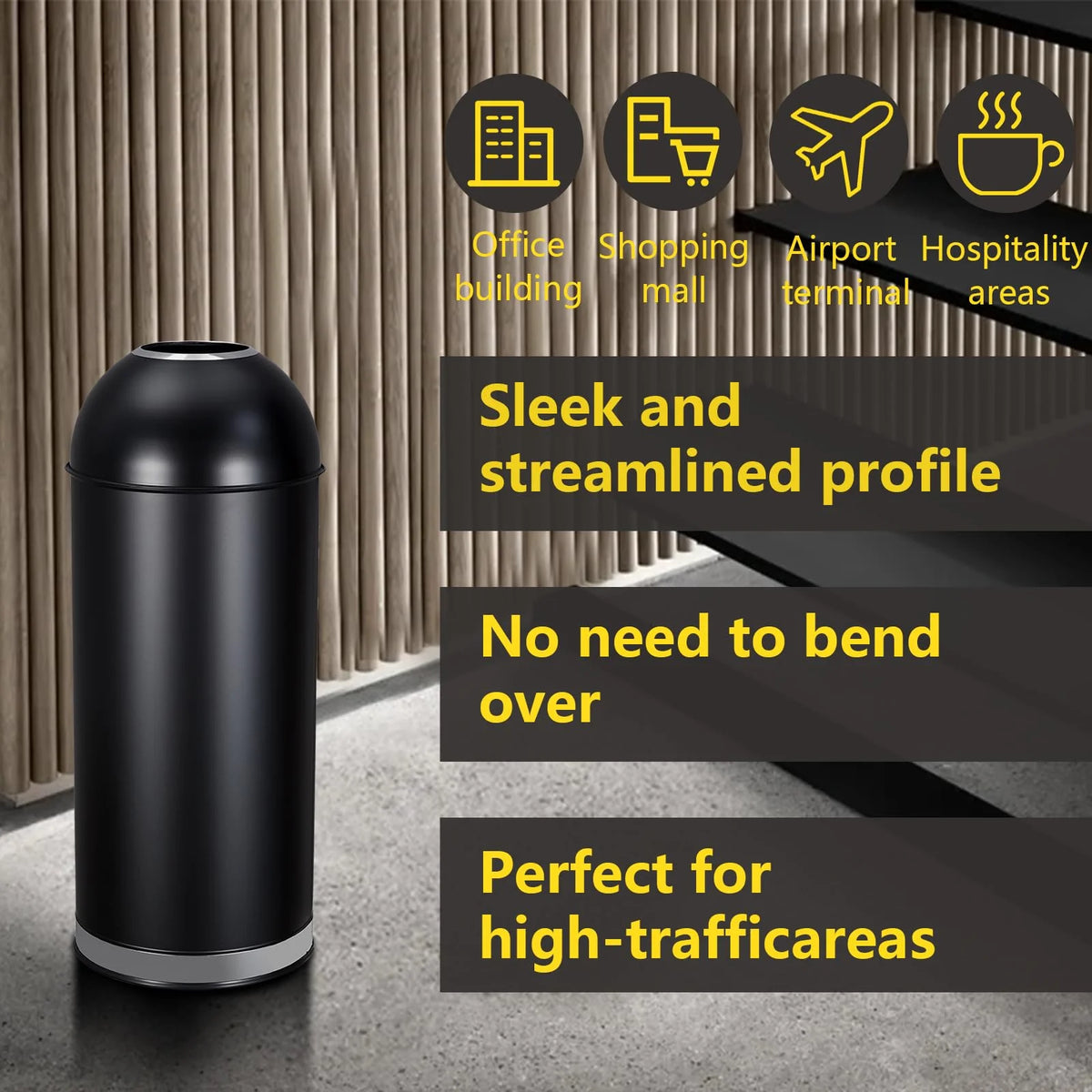 Huisuilinss 17 Gallon Trash Can,Black Open Top Trash Can,Commercial Stainless Steel Industrial Waste Basket Container, Metallic Black Large Garbage Enclosure for Home, Office, Restaurant, Restroom