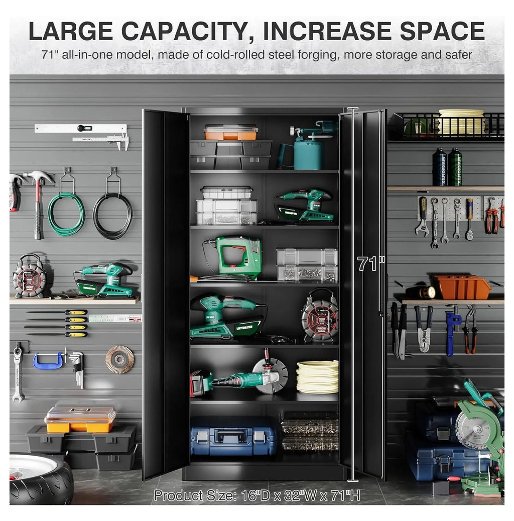 Metal Storage Cabinet with 5 Adjustable Shelves,Garage Storage Cabinet with Lock,Black Metal Cabinet with Locking Doors,Steel Cabinet,71" Lockable Storage Cabinet for Home,Office,Garage Cabinets