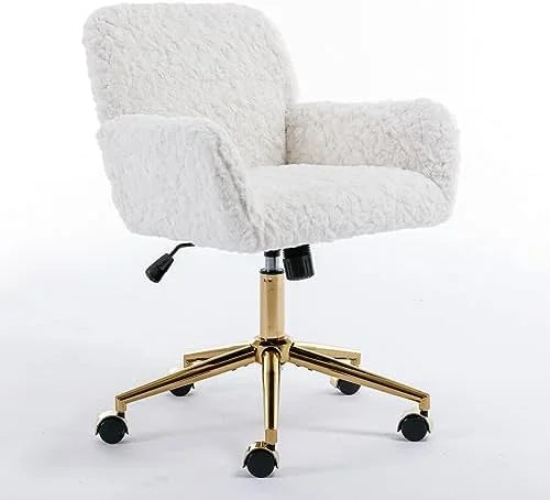 Fluffy Desk Chair,Height Adjustable Vanity Chair with Wheels,Comfortable Faux Fur Desk Chair with goldenn Base, Arm Chair for Bedroom,Living Room,Vanity,Office