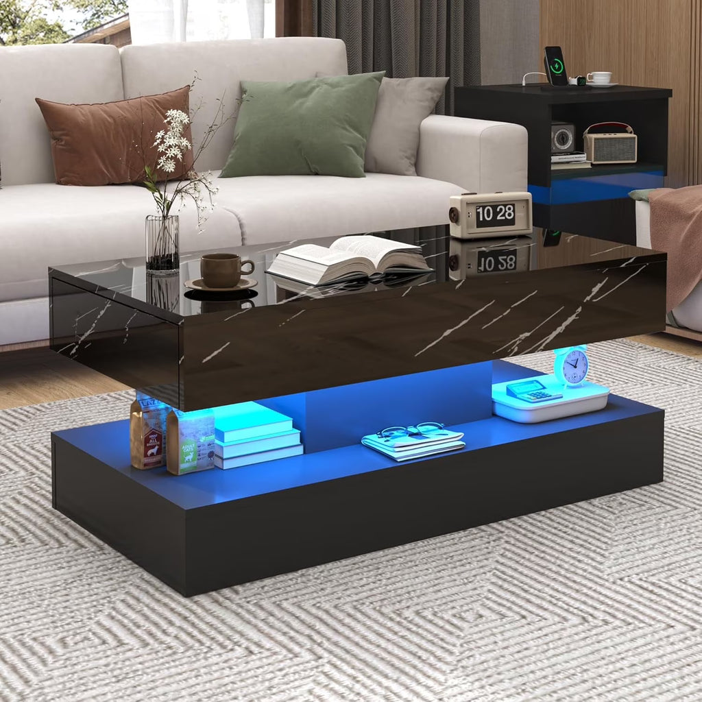 ChVans Large Black LED Coffee Table with 2 Storage Drawers, Modern High Gloss Coffee Table w/20 Colors LED Lights/APP Control, 2 Tiers Rectangle Large Living Room Furniture w/Marbling Print(47.3")