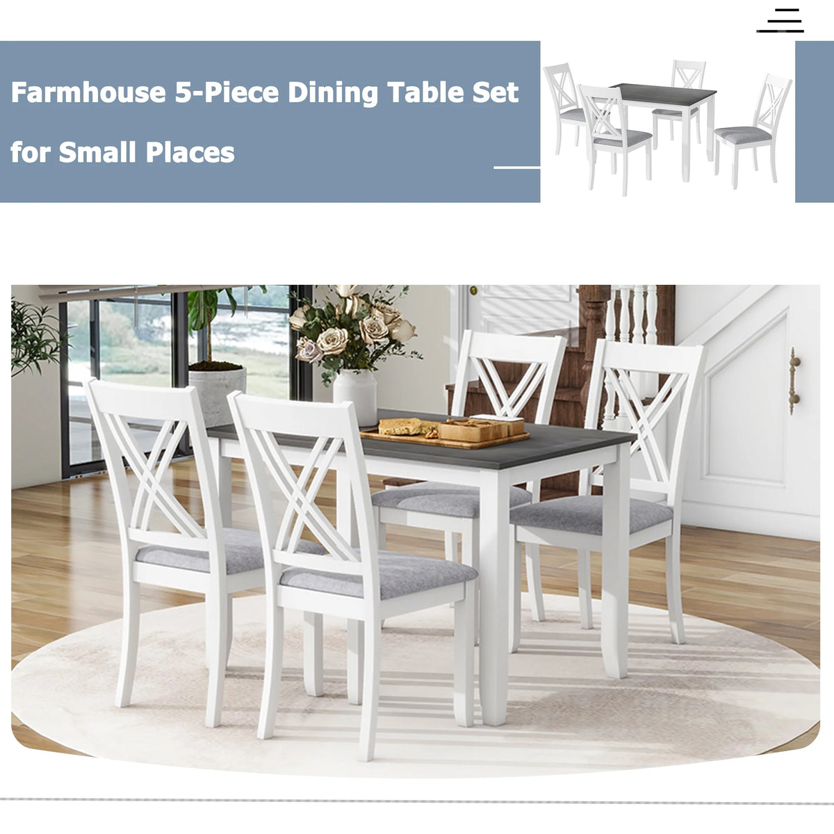 Seizeen Solid Wood Kitchen Table and Chairs, Dining Room Table Set for 4 with Gray Upholstered Chairs, Wood Grain Table Heavy-Duty Frame, Rustic Minimalist Style Breakfast Nook Set