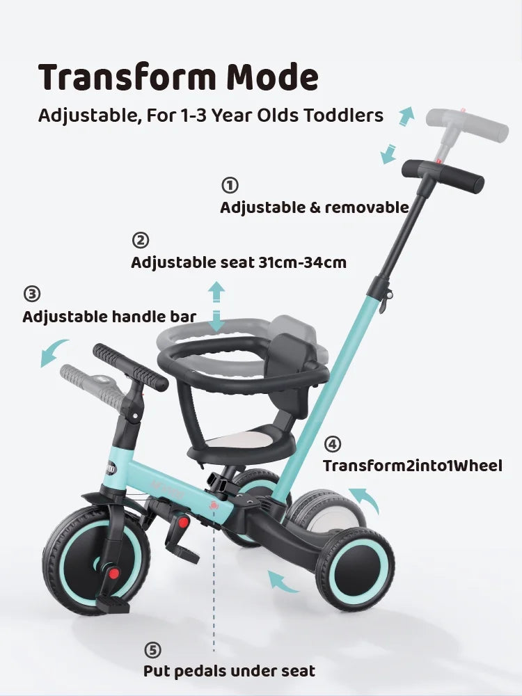 newyoo TR008 5-in-1 Toddler Tricycle with Push Handle, Converts to Balance Bike for 1-3 Year Old, Khaki