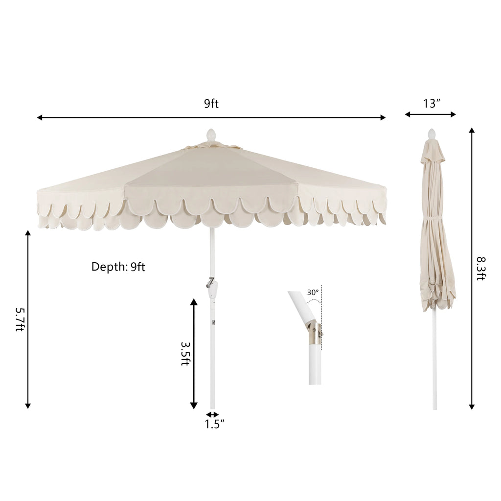 JONATHAN Y Tracy 9 ft. Market Patio Umbrella, Classic Mid-Century Scalloped Fringe, with Auto-Tilt Crank, Wind Vent and UV Protection, Coral Pink/White, Dark Brown Pole