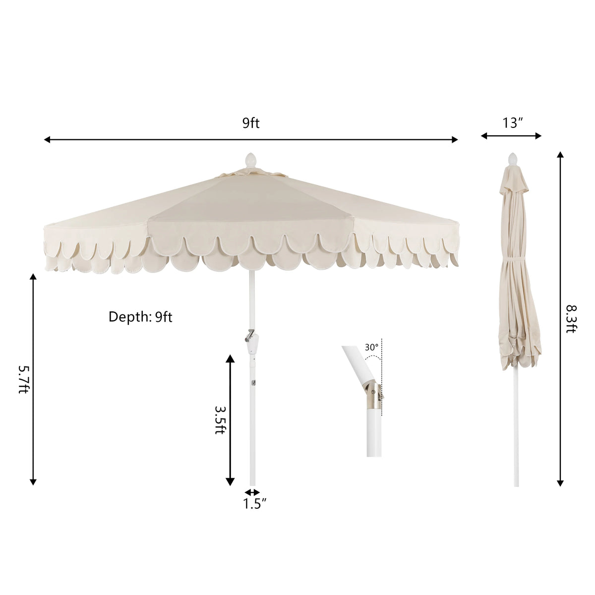 JONATHAN Y Tracy 9 ft. Market Patio Umbrella, Classic Mid-Century Scalloped Fringe, with Auto-Tilt Crank, Wind Vent and UV Protection, Coral Pink/White, Dark Brown Pole