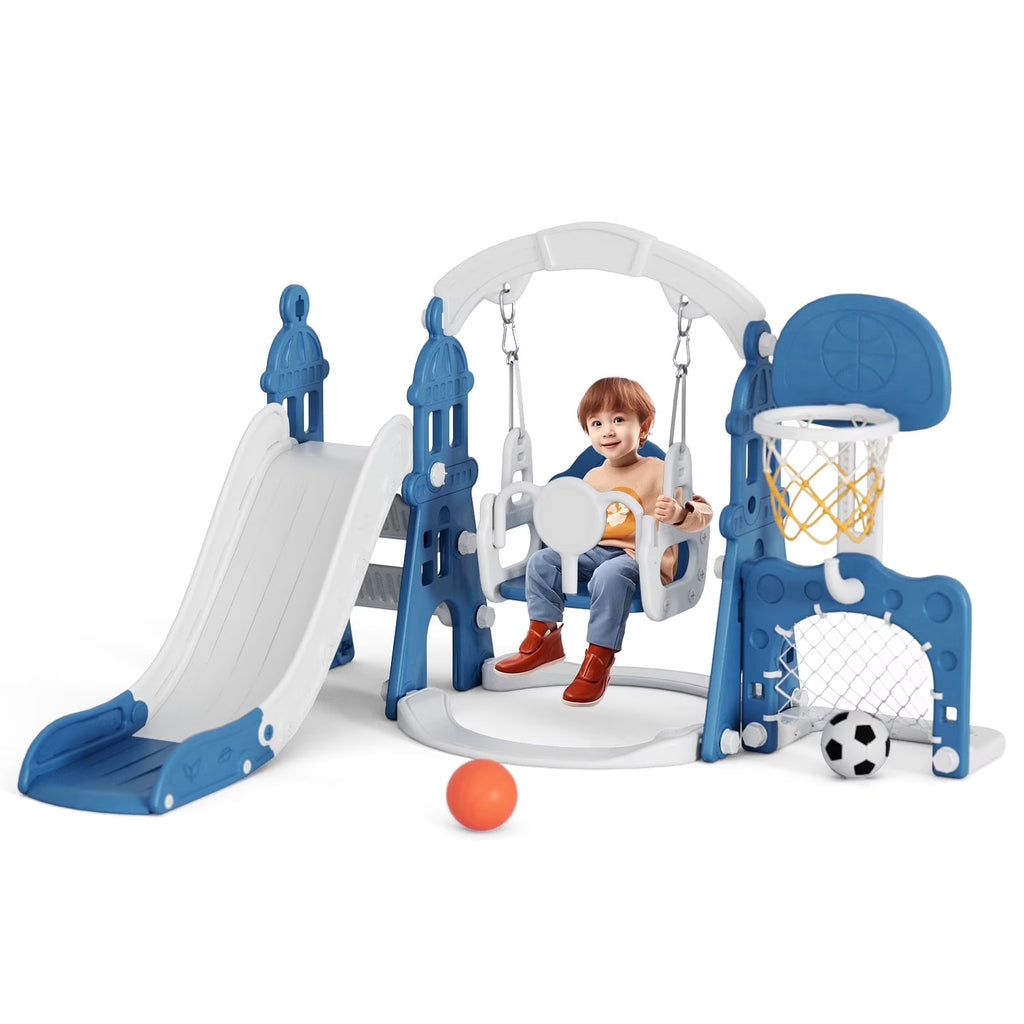 KORIMEFA 6-in-1 Kids Slide and Swing Set - Perfect for Toddlers 1-6 Years - Indoor and Outdoor Playground Slide, Swing, Basketball Hoop, and Climber Toy