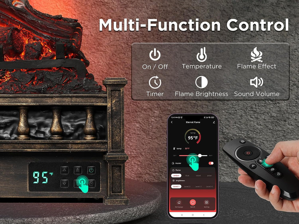 TURBRO Eternal Flame 26 in. WiFi Infrared Quartz Electric Fireplace Log Heater with Sound Crackling, Realistic Pinewood Logs, Adjustable Flame Colors, Remote Control, Thermostat, Timer, 1500W Bronze