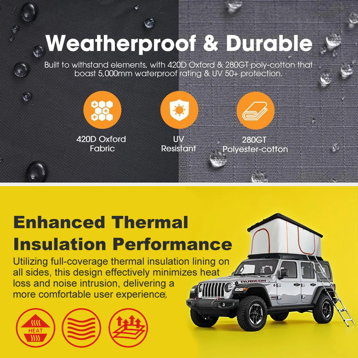 Rooftop Tent Hard Shell - Outdoor Car Camping 2-3 Person Truck, Sedan, SUV, Waterproof, Teardrop, Windproof, Sturdy, Easy Up Roof for SUV Road Trip Essentials Overland, Large, Black