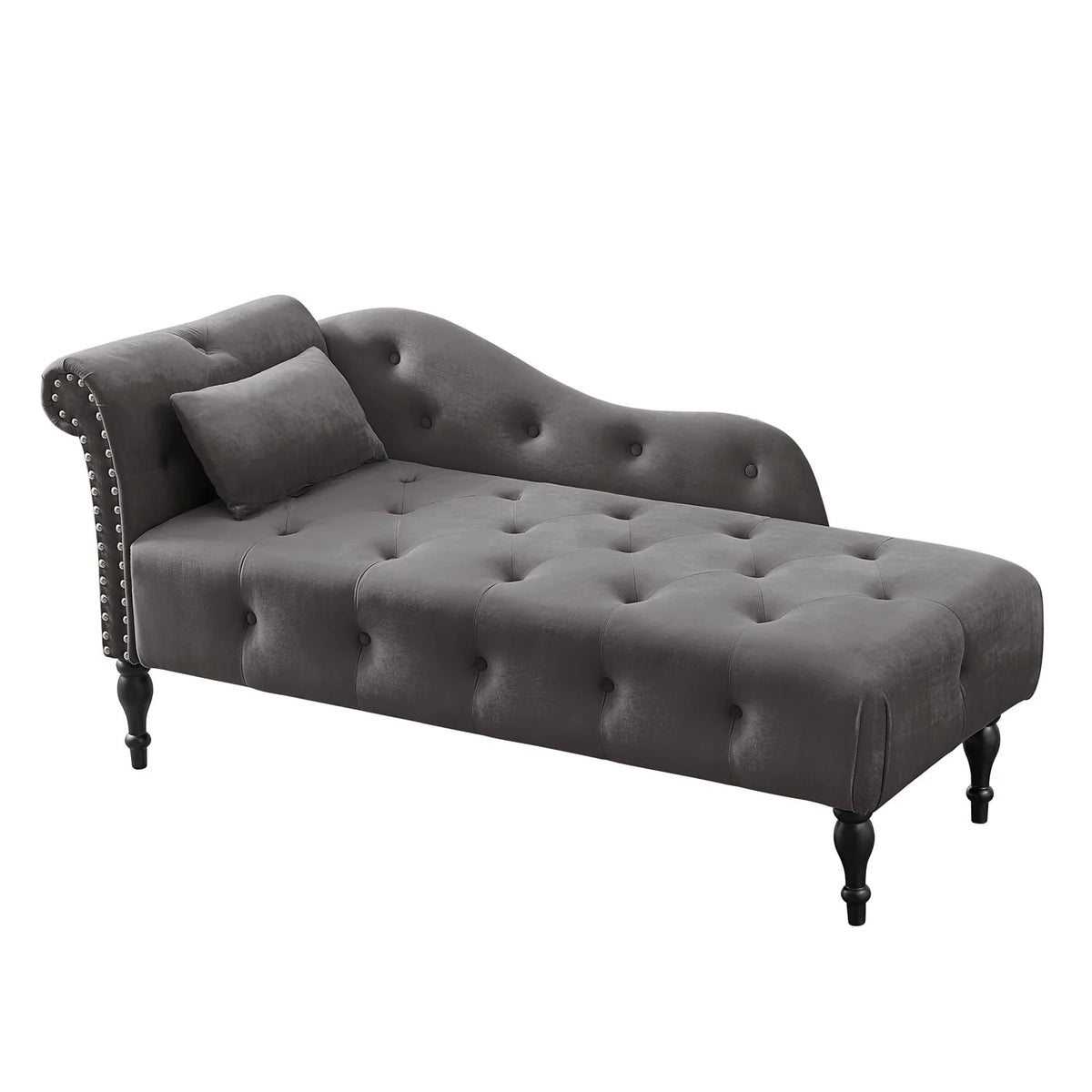 Chaise Lounge Chair, 60.6" Velvet Button Tufted Upholstered Lounge Couch with Solid Wood Legs and Pillow Elegant Couch Sleeper with Nailhead Trim & Armrest Chaise Lounge Indoor for Living Room, Grey