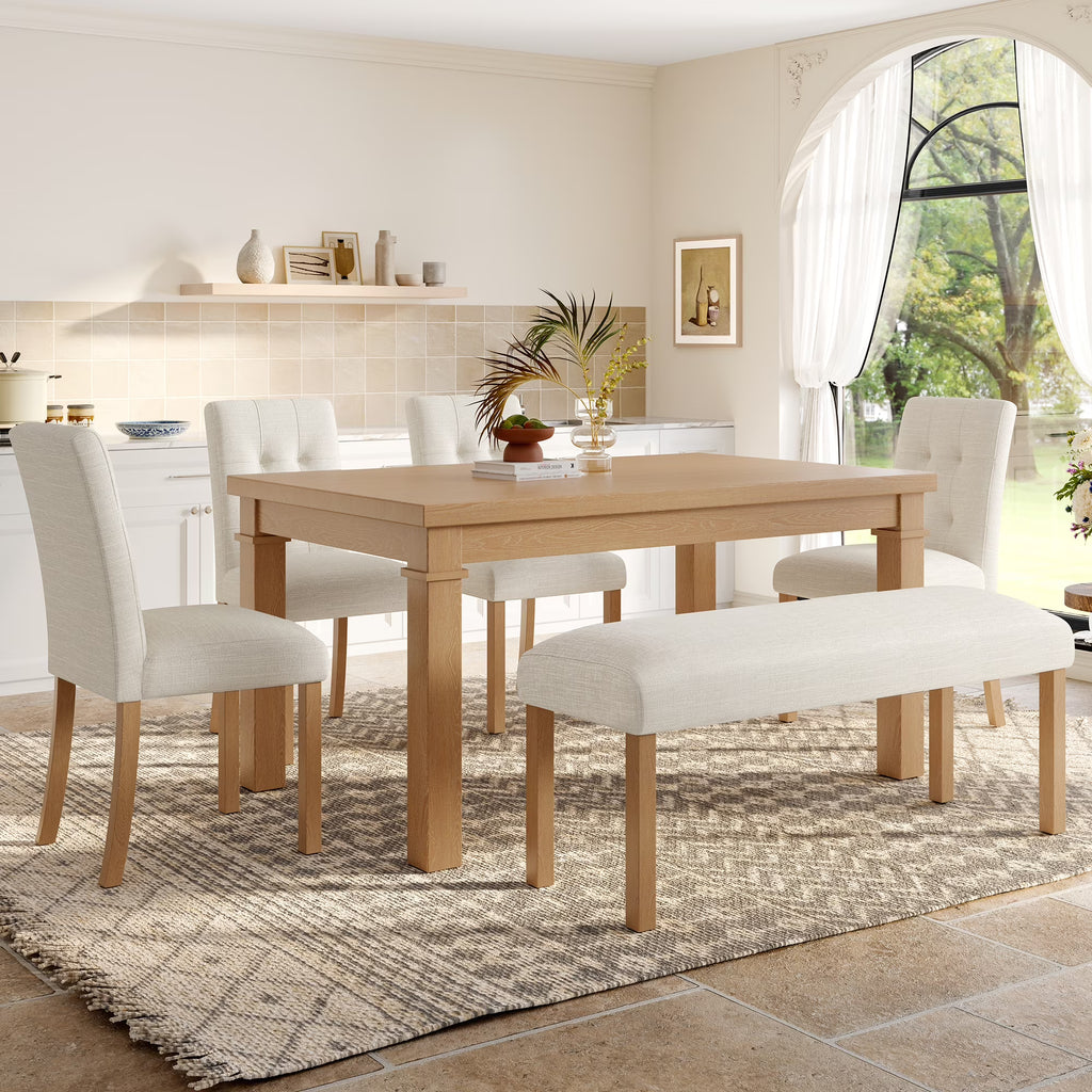 Euroco 6-Piece Wood Dining Table Set for 6, Modern Rectangular Kitchen Table with 4 Upholstered Chairs & Bench for Kitchen Dining Room,Walnut