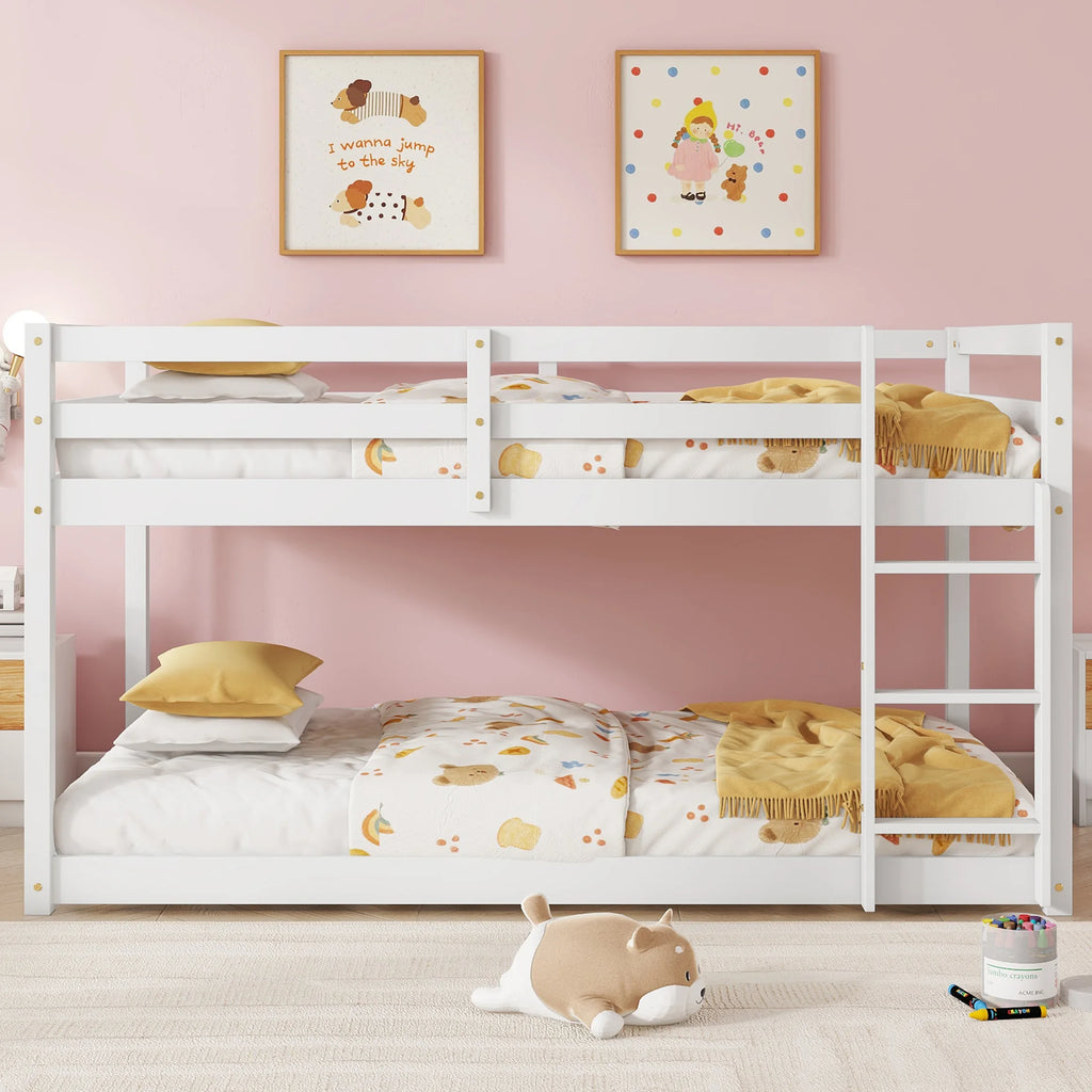 SESSLIFE Bunk Bed Twin Over Twin, Low Floor Bunk Bed with Guard Rails for Dorm, Small Space, No Box Spring Needed(White)
