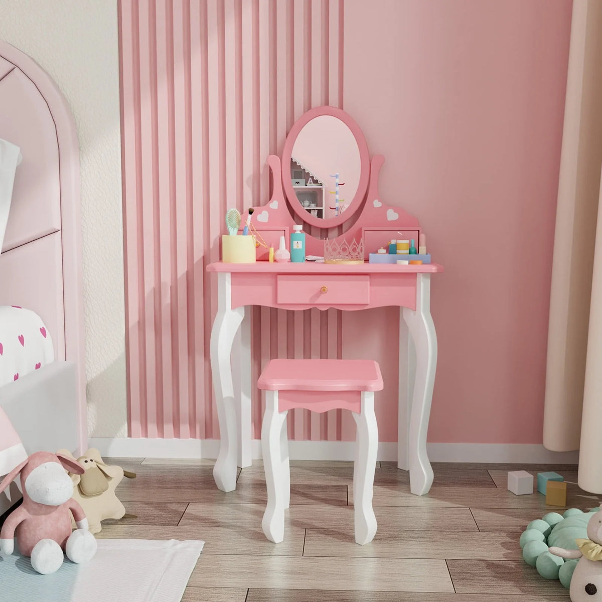 JOYMOR Kids Vanity Table and Stool for Makeup Dressing with Mirrors Drawers, White