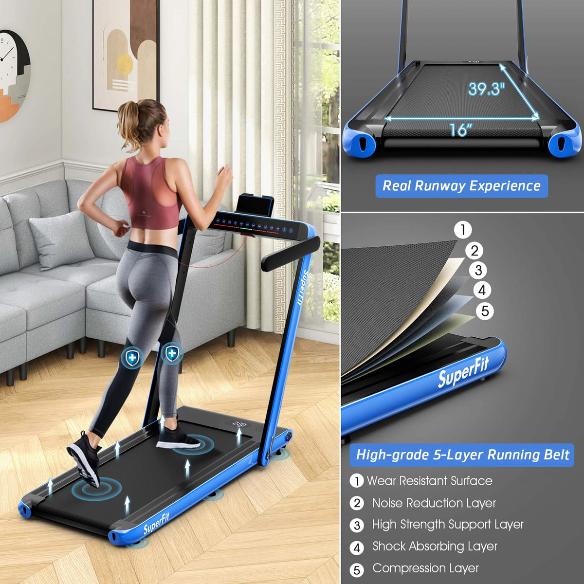 SuperFit Up To 7.5MPH 2.25HP 2 in 1 Dual Display Screen Treadmill Jogging Machine W/APP Control Silver