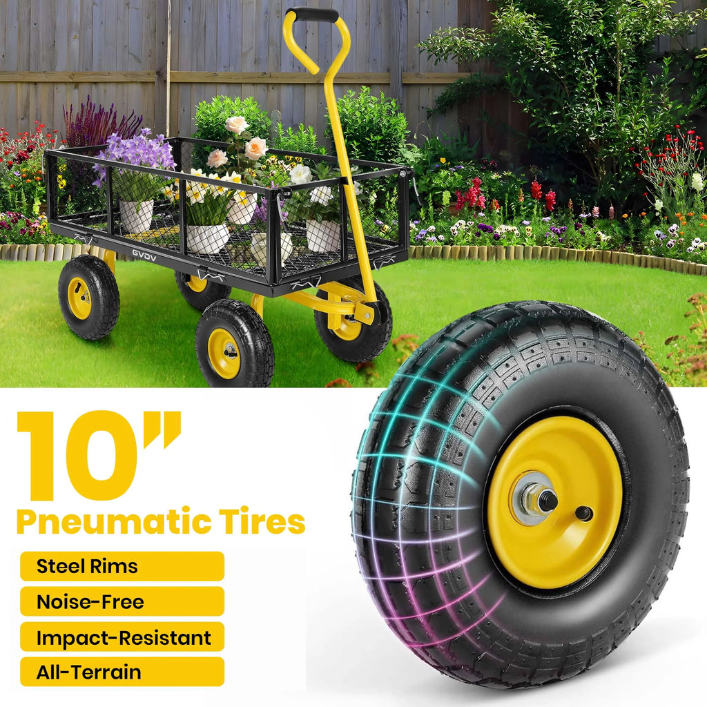 GVDV Heavy Duty Steel Garden Cart with Liner, 660lbs Capacity, 3 Cu ft, 10" All-Terrain Wheels, Black/Yellow Durable Utility Cart for Yard Work, Hauling, and Outdoor Use