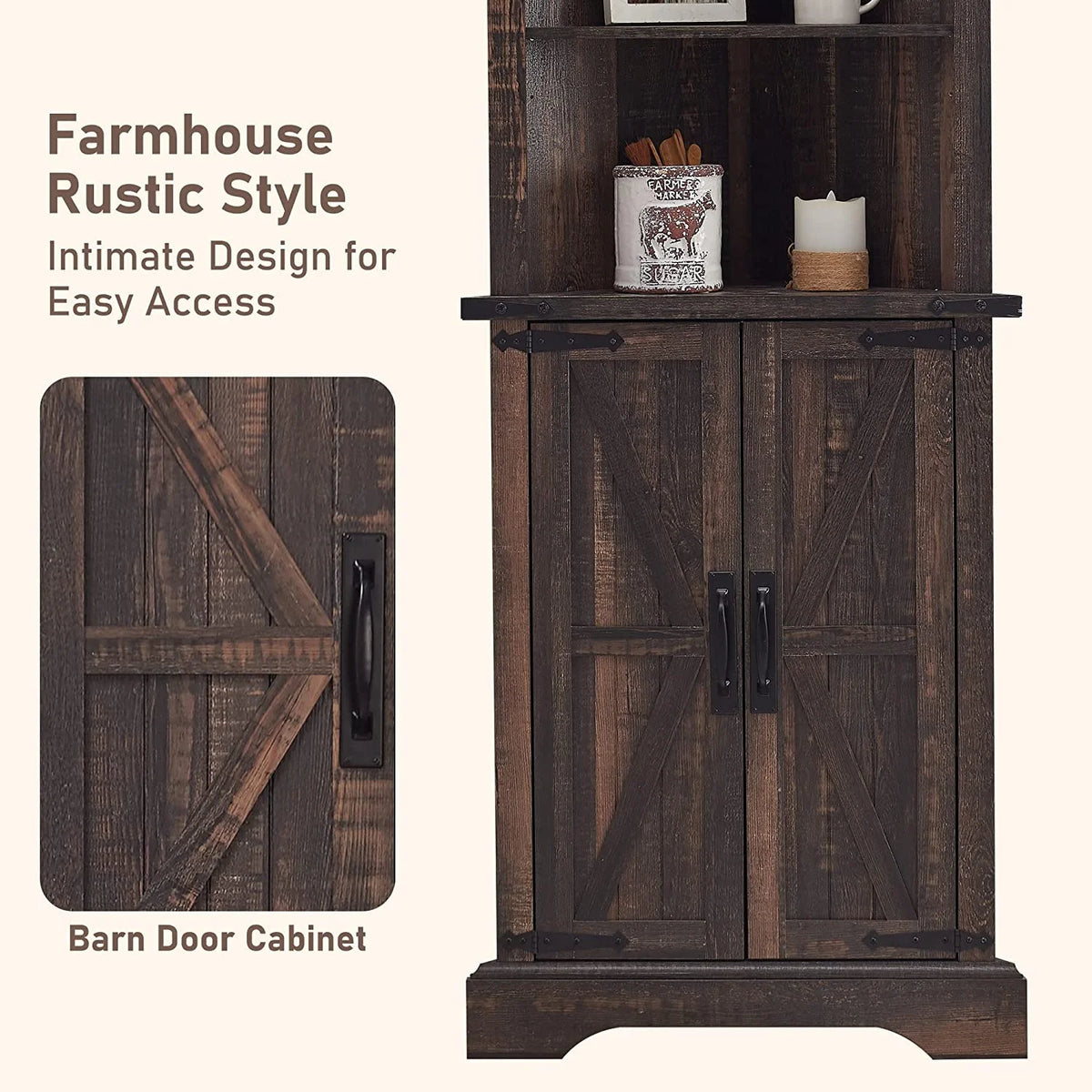 OKD Farmhouse Tall Corner Cabinet with Barn Door & Adjustable Shelves, 68" Rustic Wood Corner Cabinet with Storage Cabinet for Bathroom, Kitchen, Antique White