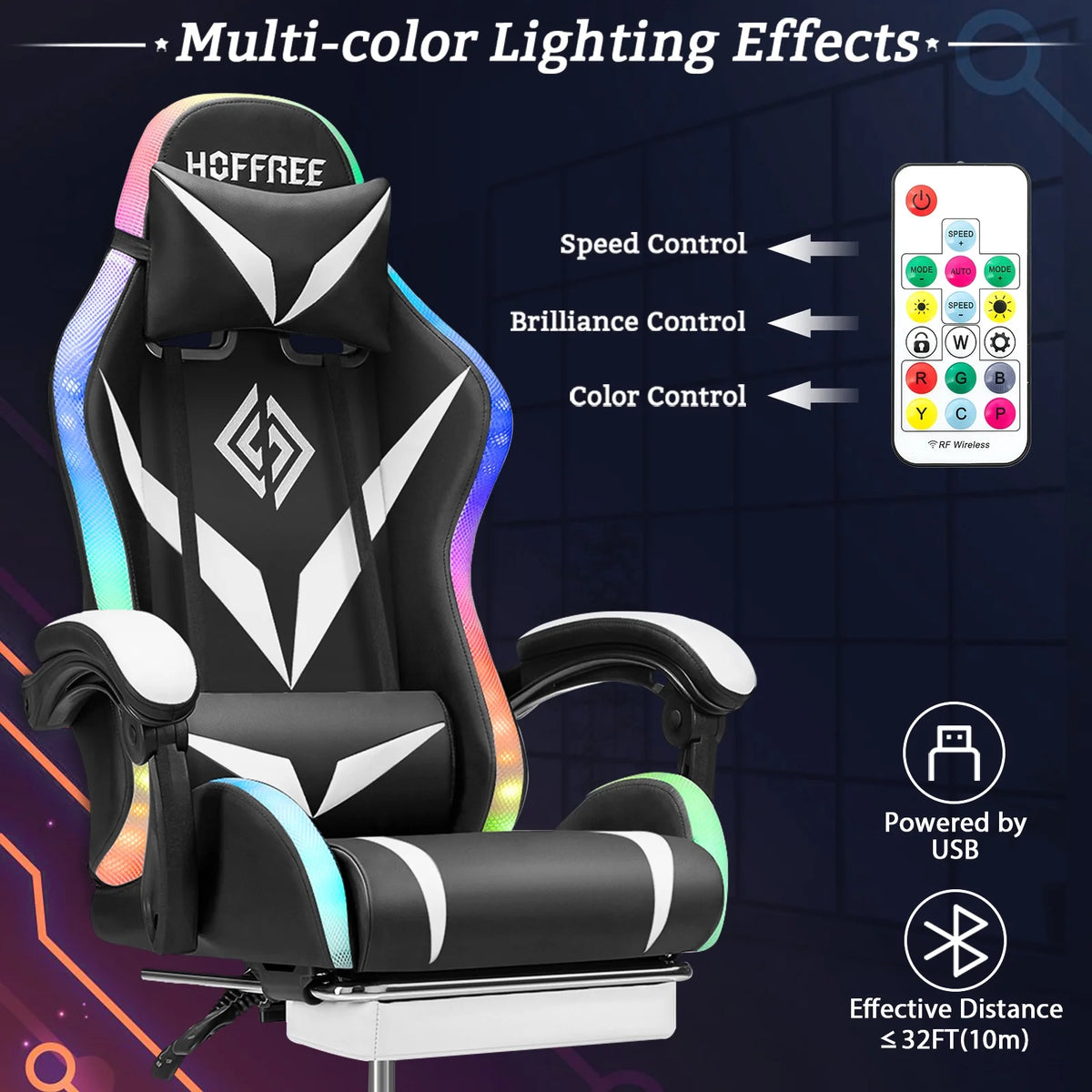 Hoffree Gaming Chair with Speakers PU Leather Office Chair with Footrest and LED Lights Ergonomic Gamer Chair with Massage Lumbar Support and Headrest Adjustable Swivel for Home Office 300lb