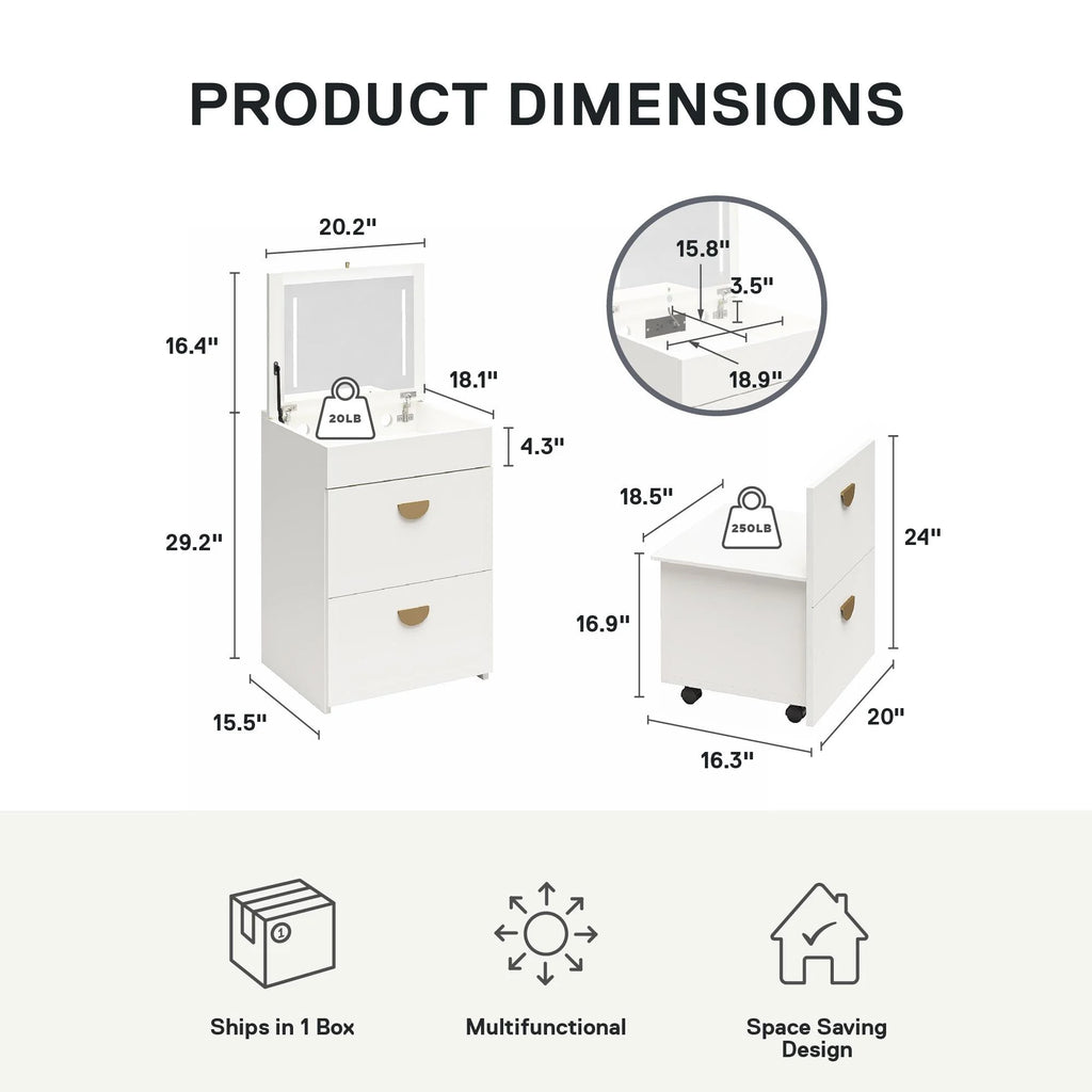Ameriwood Home Compact 3-in-1 Vanity Set, Makeup Storage Desk & Stool, Mirror w/ LED lights & USB Charging Station, White