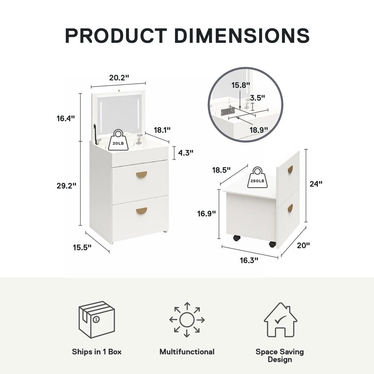 Ameriwood Home Compact 3-in-1 Vanity Set, Makeup Storage Desk & Stool, Mirror w/ LED lights & USB Charging Station, White
