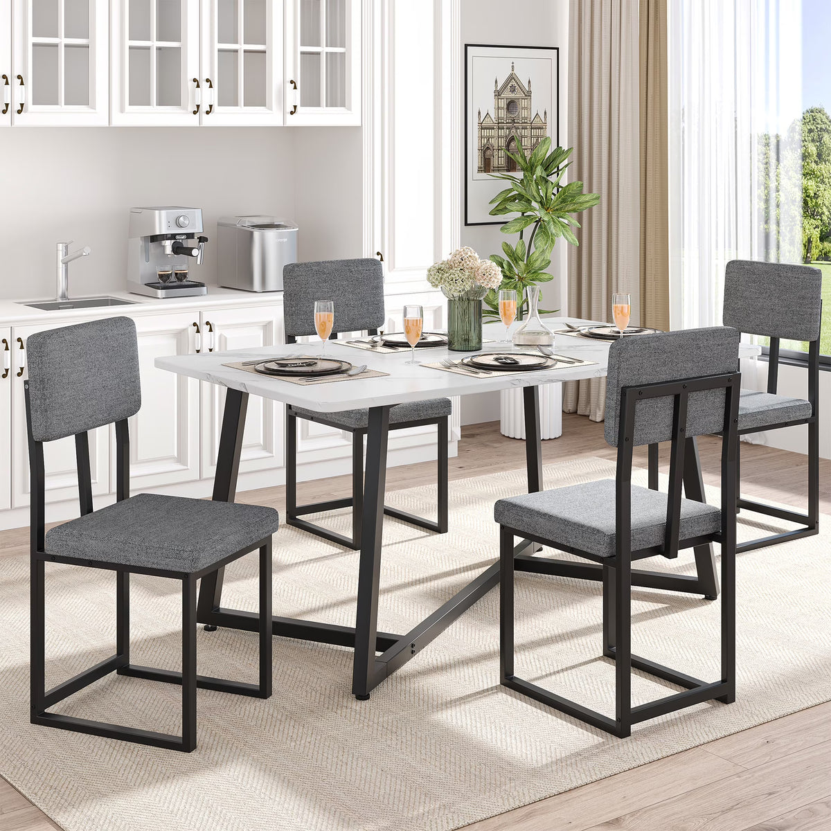 PORKISS Dining Table Set for 4, Kitchen Table Set with Chair for 4 with Faux Marble Table and 4 Linen Upholstered Chairs, Dining Room Set for Kitchen Dining Room Small Space, White + Gray + Black