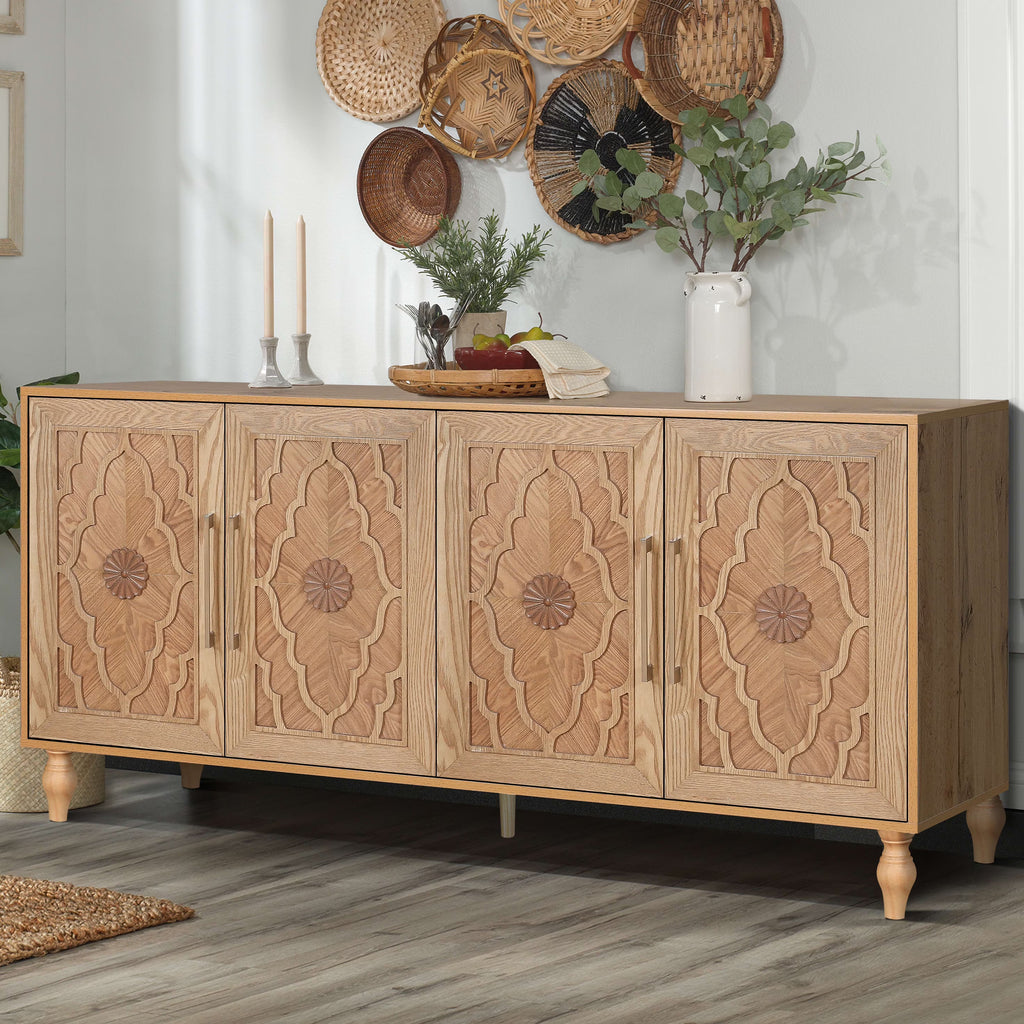Aukfa 63" Large Accent Storage Cabinet TV Stand with Carved Door for Living Room,Entryway,Natural