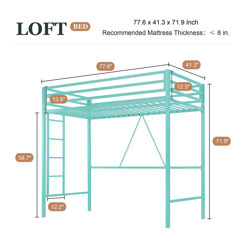 Amolife Twin Size Heavy Duty Metal Loft Bed with Removable Ladder & Full-Length Guardrail, Black