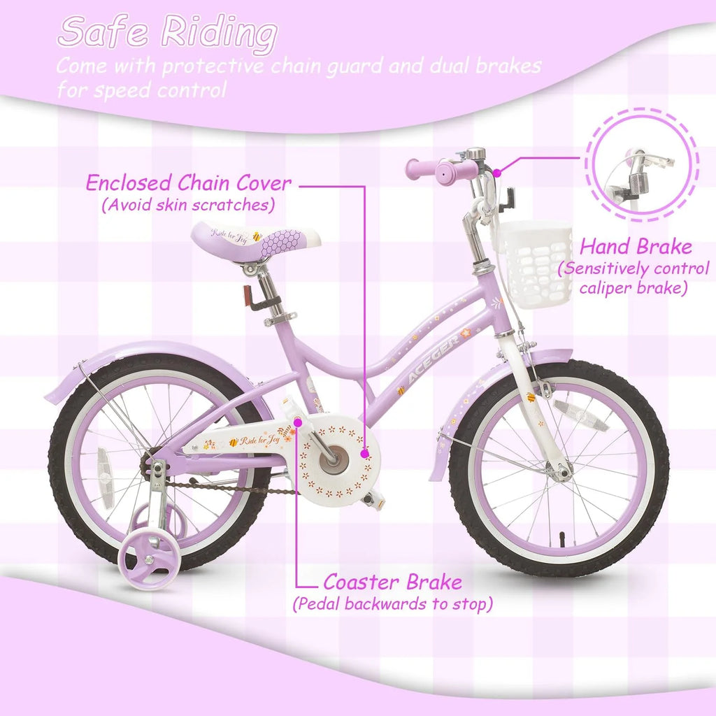ACEGER 16 Inch Bike with Basket and Training Wheels for Girls Ages 5-9, Pink