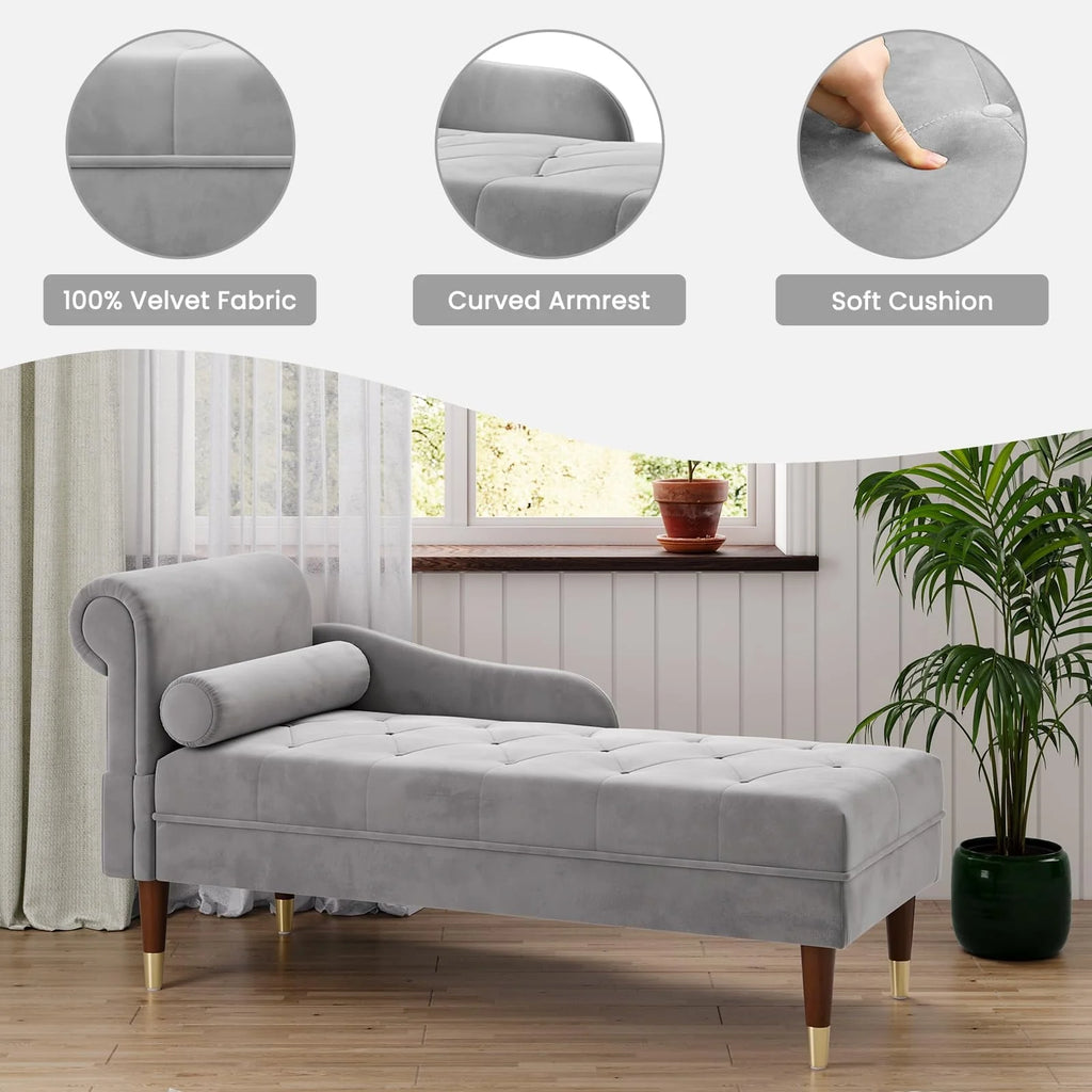 Vesgantti Velvet Chaise Lounge,59" Modern Upholstered Lounge Chair Indoor with Round Armrest Lumbar Pillow, Single Sofa for Living Room Bedroom Office,Grey