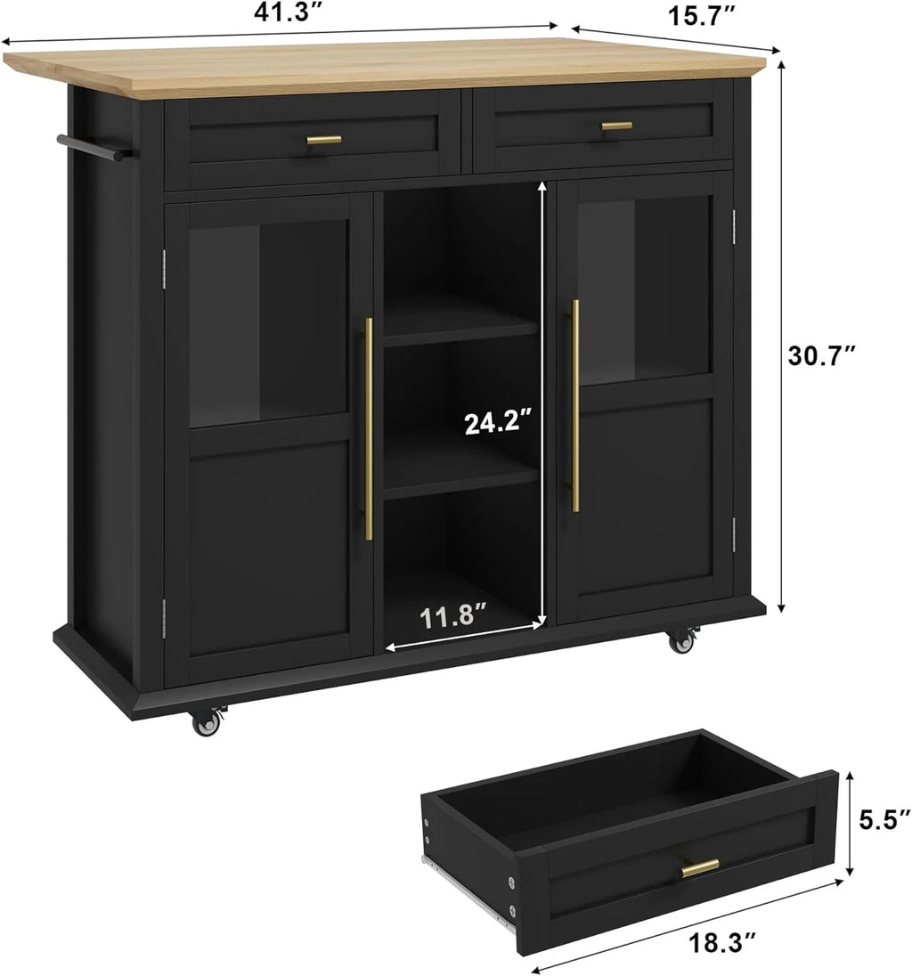 WALYWIK Foldable Kitchen Island Cart with Wheels, 2 Glass Doors, Spice Rack & Towel Holder Compact Mobile Storage Cart for Small Kitchens, Dining Rooms, Camping & RVs - Grey
