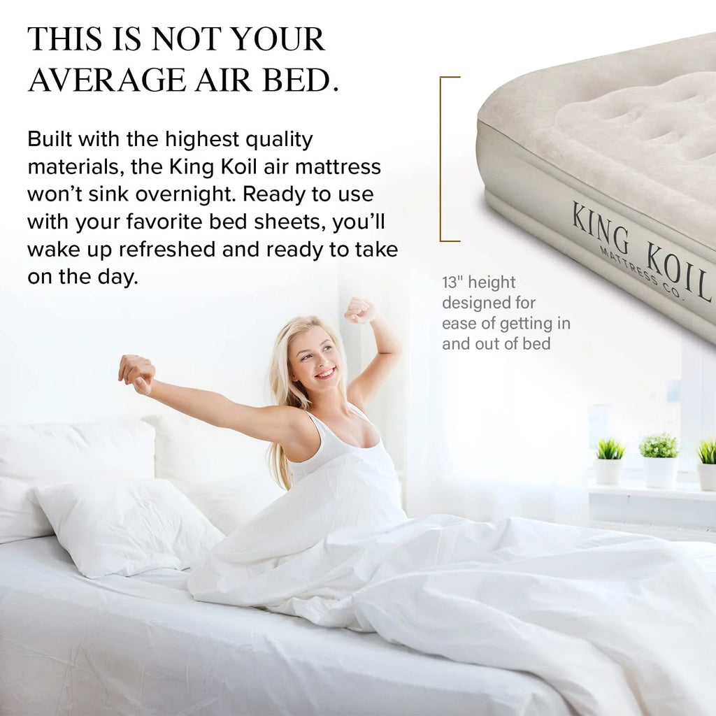 King Koil Luxury Queen Size Air Mattress with Built-in High-Speed Pump Best for Home, Camping, Guests, 13" Queen Size Luxury Double Airbed Adjustable Blow Up Mattress, Waterproof, 1-Year Warranty