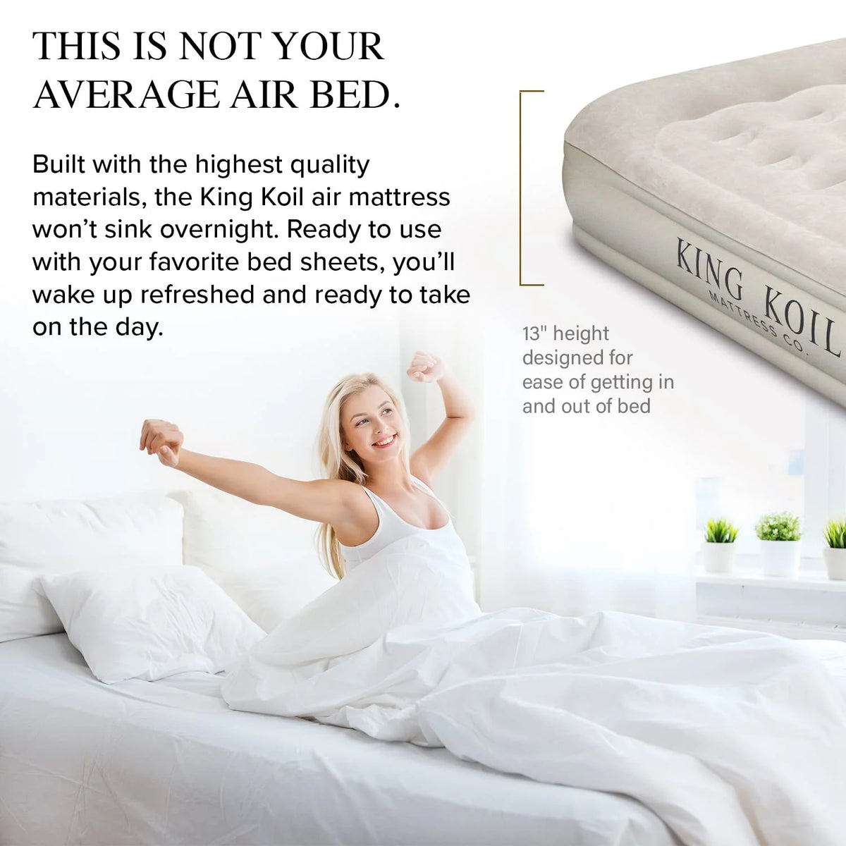 King Koil Luxury Queen Size Air Mattress with Built-in High-Speed Pump Best for Home, Camping, Guests, 13" Queen Size Luxury Double Airbed Adjustable Blow Up Mattress, Waterproof, 1-Year Warranty
