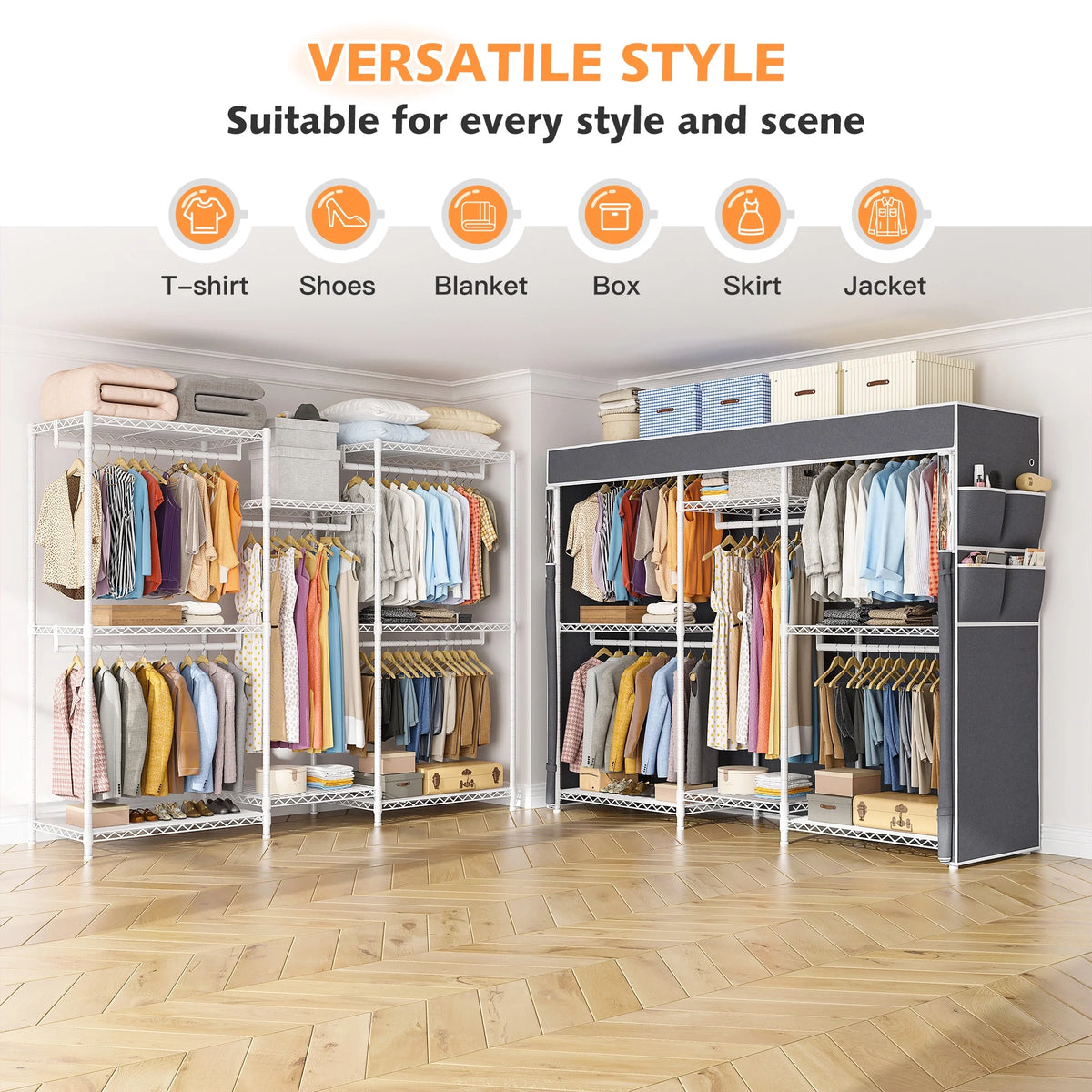 Heavy Duty Clothes Rack with Cover Loads 900LBS, Clothing Racks for Hanging Clothes, Freestanding& Adjustable Closet with Cover, Black, 74.9" Wx17.8 Dx76.9 H