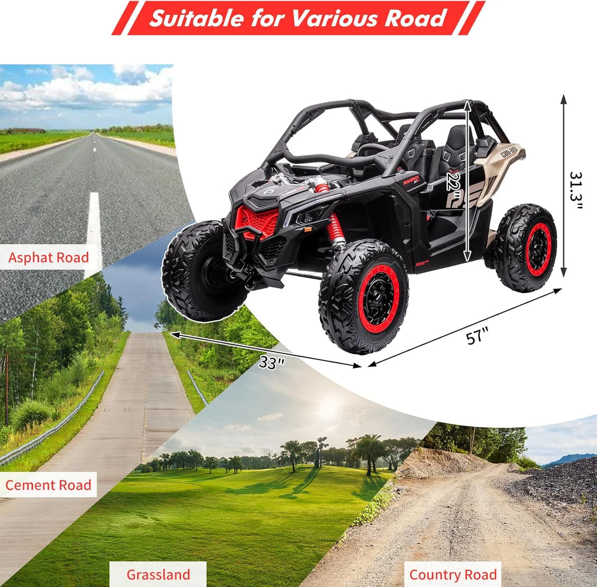 EastVita 2 Seats Ride on Ride on Car 200W Motors UTV,with Remote Control 23" Seats Width Electric Vehicle, EVA Wheels,Music,Head+Tail Light